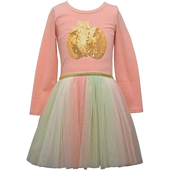 Bonnie Jean Girls Holiday Pumpkin Appliqued Mixed Knit Print Rainbow Dress 2T-8