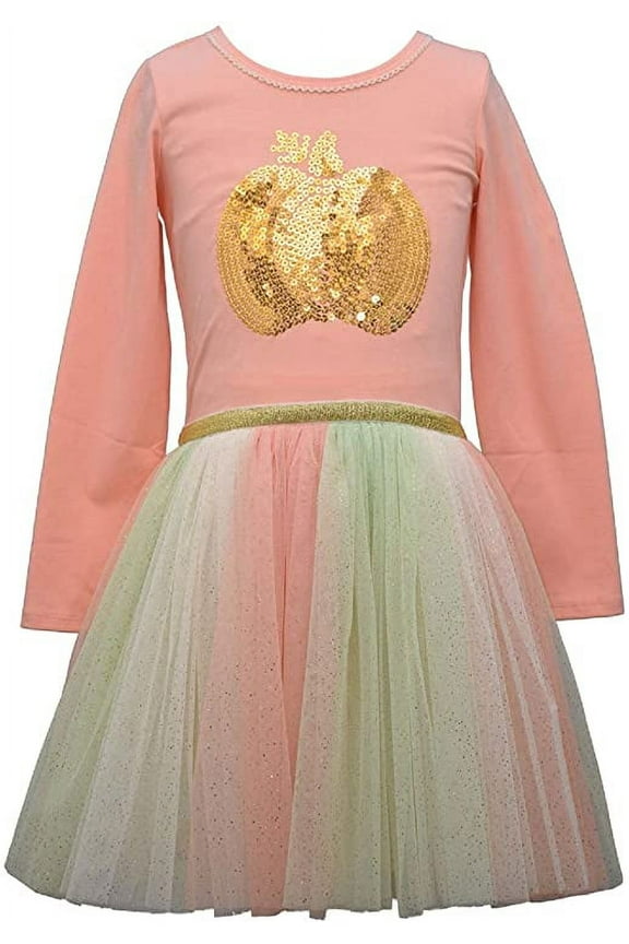 Girls Holiday Pumpkin Appliqued Mixed Knit Print Rainbow Dress 2T-8