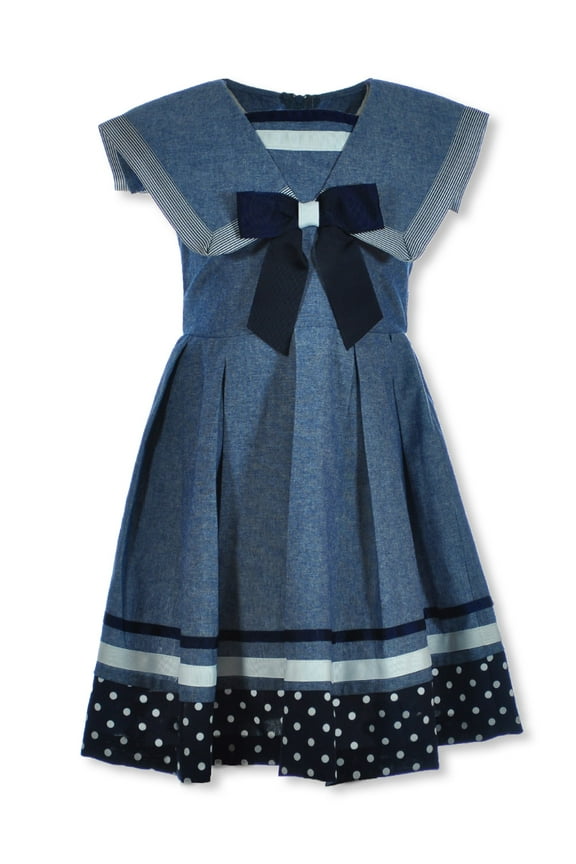 Girls' Linen Sailor Dress - blue, 7 (Big Girls)