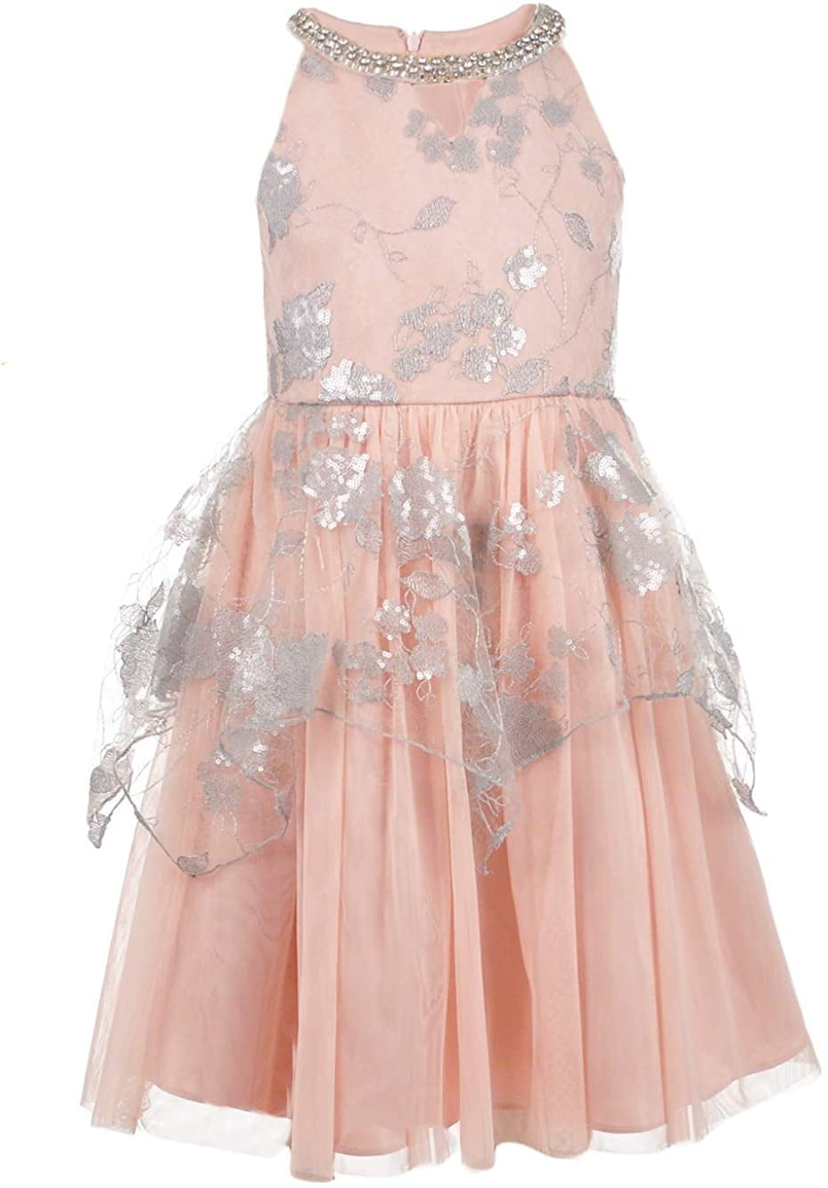 Bonnie Jean Girls Peach and Silver Overlay Dress with Rhinestone Collar  Sleeveless - Walmart.com