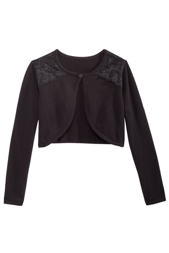 Toddler Girls Pearl & Lace Trim Cardigan,Black,3T
