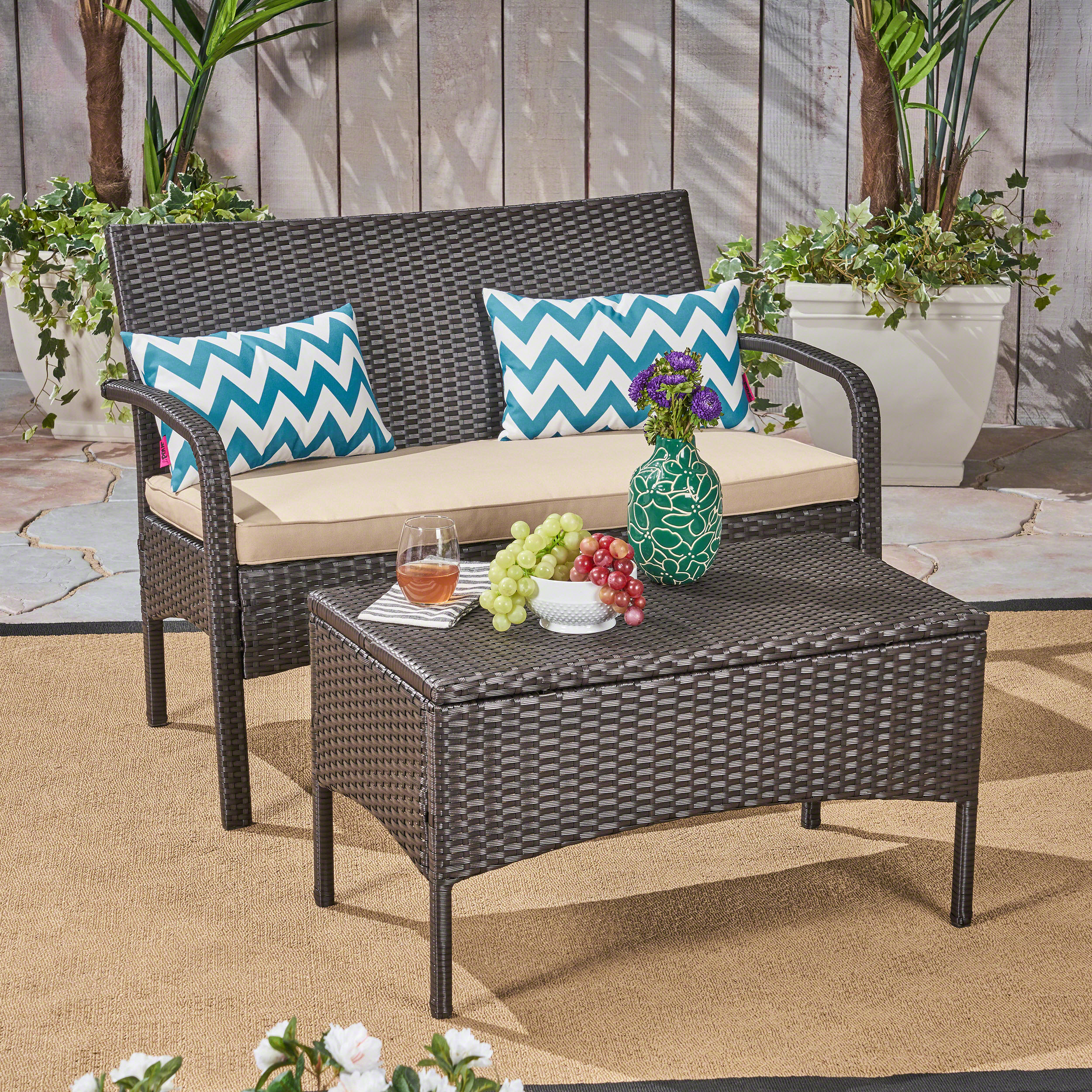 Bonnie Outdoor Wicker Love Seat and Table, Brown, Tan