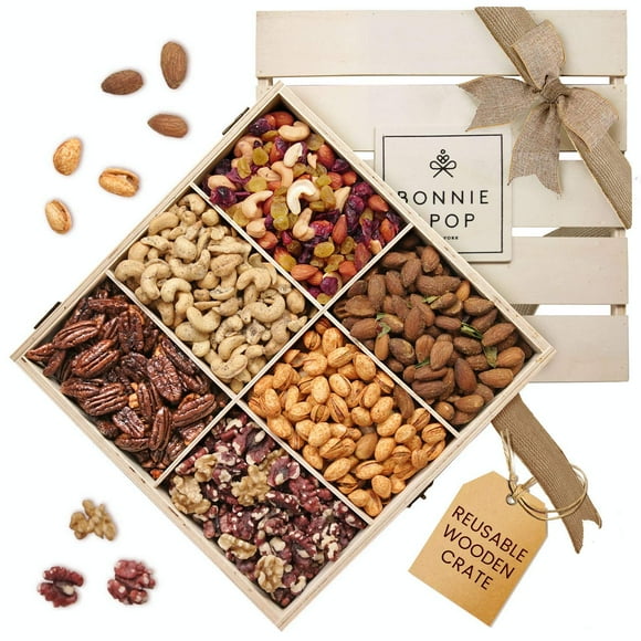 Bonnie & Pop- Nut Gift Basket, in Reusable Wooden Crate, Healthy Gift Option, Gourmet Snack Food Box, with Unique Flavors, Great for Christmas, Easter, Feel Better, Sympathy & Birthday