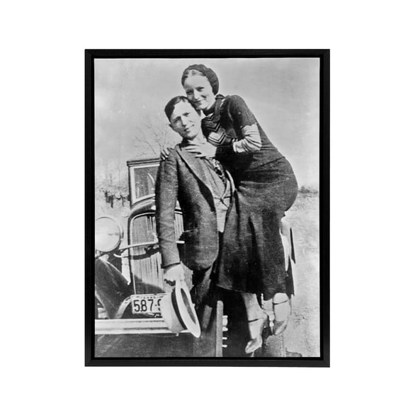 Bonnie and Clyde American Outlaws Black Framed Canvas Wall Art Print 18X24"