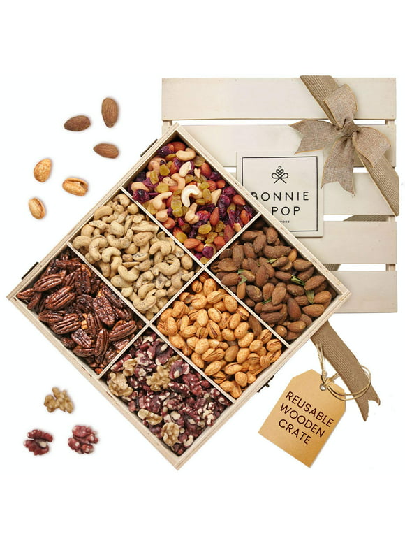 Bonnie and Pop Nut Gift Basket, in Reusable Wooden Crate, Healthy Gift Option, Gourmet Snack Food Box, with Unique Flavors