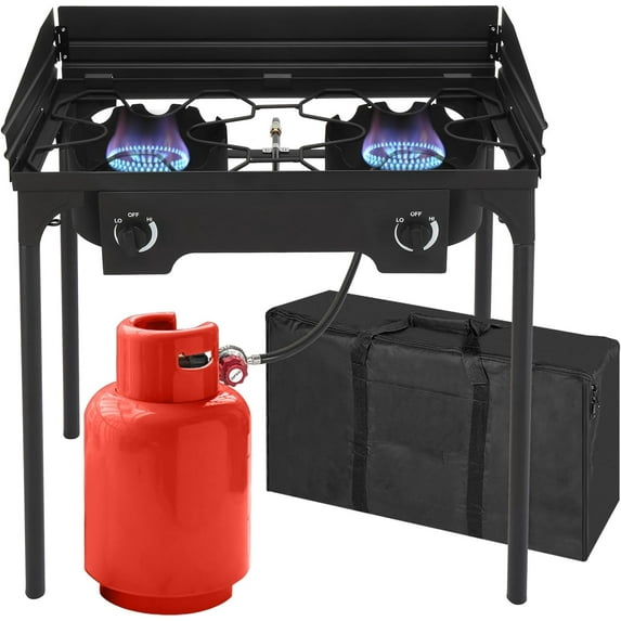 Bonnlo 2-Burner Outdoor Portable Propane Burner Stove 150,000-BTU Gas Cooker with Windscreen & Carrying Bag, Heavy Duty Iron Cast Patio Burner with Detachable Stand Legs for Camp Cooking