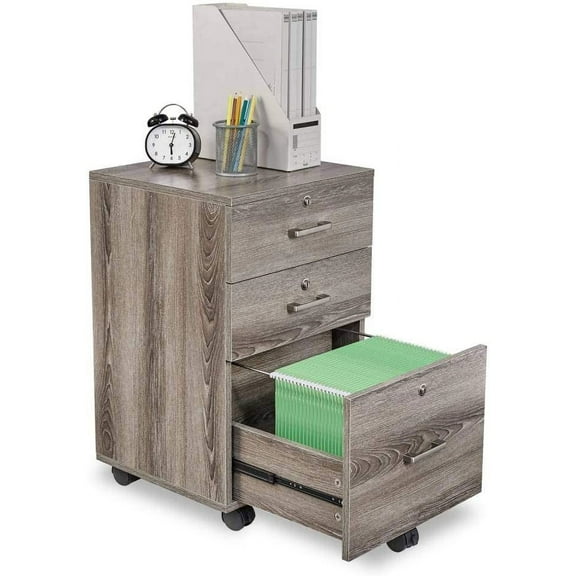 Bonnlo 26"H 3 Drawer File Cabinet with Lock, Rolling File Cabinet Under Desk, Mobile File Cabinets for Home Office, Wood File Cabinet Printer Stand for Letter Size Filings, ssembly Required, Gray Oak
