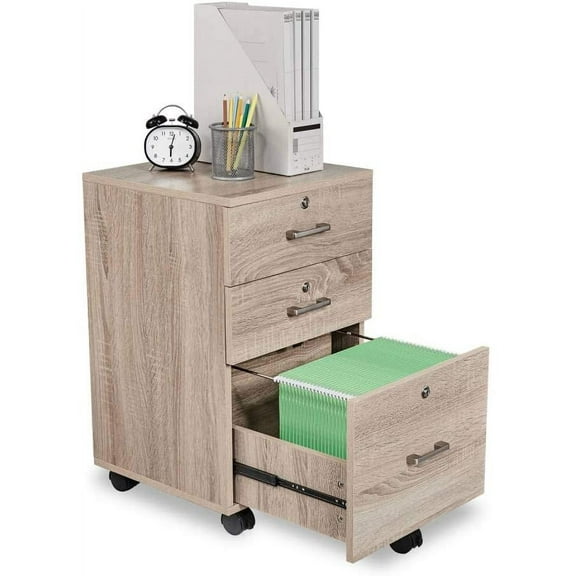 Bonnlo 26"H 3 DrawerFile Cabinet with Lock, Rolling File Cabinet Under Desk, Mobile File Cabinets for Home Office, Wood File Cabinet Printer Stand for Letter Size File Folders, Assembly Required, Oak