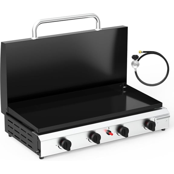 Bonnlo 4 Burner Portable Propane Griddle with Lid, 40000BTU Tabletop Flat Gas Grill with Ignition and Oil Collector, Camping Griddle for Outdoor Cooking Patio Backyard Sandbeach BBQ Party