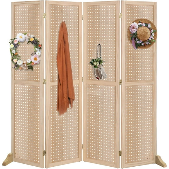 Bonnlo 4 Panel Pegboard Freestanding, 5 FT Portable Display for Craft Show Jewelry, Wooden Folding Room Divider