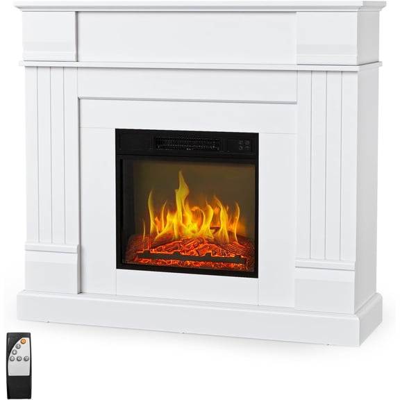 Bonnlo 43''W Freestanding Electric Fireplace Stove w/Remote & Timer, Realistic Fake Fireplace Heater w/ 6 Flame Colors, 5 Flame Brightness & Wood Mantel for Indoor Home Bedroom Living Room, 1400W
