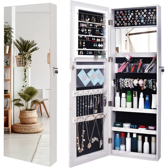 Bonnlo 48 x 15 All Screen Jewelry Armoire Cabinet,Full Length Mirror Display, Beauty Organizer Dressing Makeup,Lockable w/FREE safe key,Wall Mounted or Door Hanging (White)