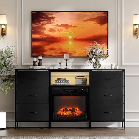 Bonnlo 58" Fireplace TV Stand with Fabric Drawers & LED Lights, Electric Fireplace Heater, Modern Entertainment Center with Open Shelves for Living Room & Bedroom, Black