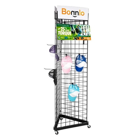 Bonnlo 6' x 2' Triangle Wire Grid Panel Tower with Base and Casters, 5mm Wire, 220 Weight Capacity Wire Grid Wall Display Rack with 3 Sizes x 6 Hooks, Black