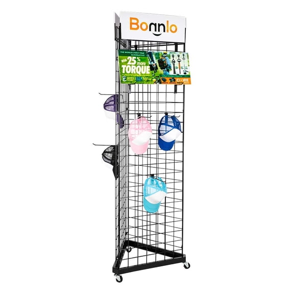 Bonnlo 6' x 2' Triangle Wire Grid Panel Tower with Base and Casters, 5mm Wire, 220 Weight Capacity Wire Grid Wall Display Rack with 3 Sizes x 6 Hooks, Black
