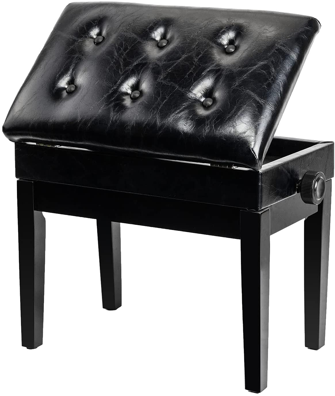 Bonnlo Adjustable Wooden Piano  Stool PU Leather Padded Seat with Music Storage Compartment, Black