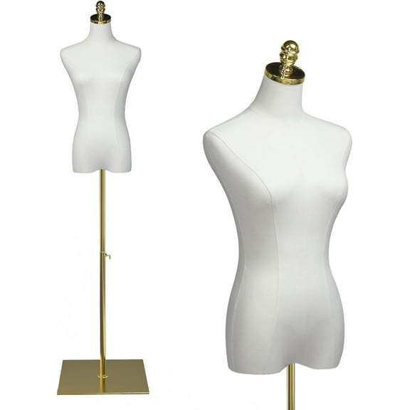 Bonnlo Female Dress Form for Clothing Presentation, Height Adjustable Women Mannequin Torse Body with Stable Gold Finish Metal Stand, Clothing Dress Jewelry Display Sewing Model (Beige, Regular)