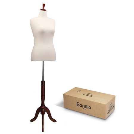 Bonnlo Female Dress Form Pinnable Mannequin Body Torso with Wooden Tripod Base Stand (Beige, 10-12)