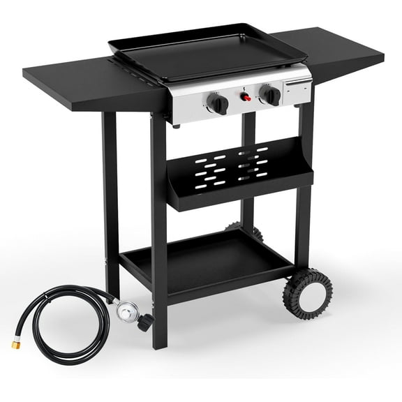 Bonnlo Flat Top Grill w/ 2 Burners,20,000BTU Portable Propane Griddle with Nonstick Enameled Tray, Outdoor Griddle with Electronic Ignition, Side Shelves & Regulator, Ideal for Camping BBQ Tailgating