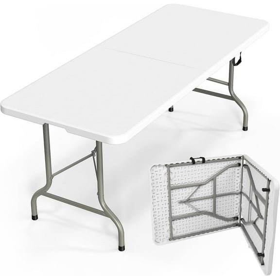 Bonnlo Folding Table 6ft, Portable Collapsible Plastic White Long Tables for Party, Camping, Banquet, Craft, Dining, Wedding, Outdoor and Indoor Use