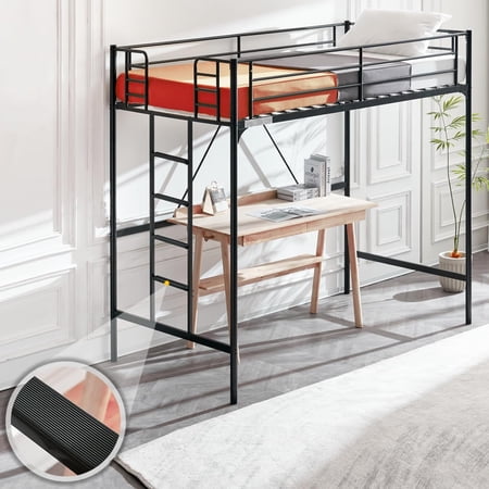 Bonnlo Metal Loft Bed with Stairs and Flat Rung, Junior Loft Bed Twin Size High Loft Bed for Kids/Teens/Adults, No Box Spring Required, Black
