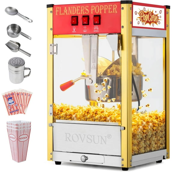 Bonnlo Movie Theater Style Popcorn Machine with 8 Ounce Kettle Makes Up to 32 Cups, Countertop Popcorn Maker with Stainless Steel Popcorn Scoop, Oil Spoon & 3 Popcorn Cups for Commercial Home, Red