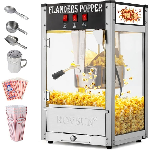 Bonnlo Movie Theater Style Popcorn Machine with 8 Ounce Kettle Makes Up to 32 Cups, Countertop Popcorn Maker with Stainless Steel Popcorn Scoop, Oil Spoon & 3 Popcorn Cups for Commercial Home, Black