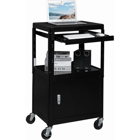 Bonnlo 3-Tiers Rolling AV Presentation Cart with Keyboard Tray, Mobile Computer Utility Media Cart with Adjustable Height Function, Projector Cart on Wheels for School, University and Office Use
