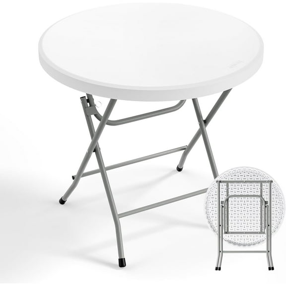Bonnlo Round Folding Table 32 inch, HDPE Plastic Small Tabletop with Steel Frame Foldable Card Table for Indoor Outdoor Outside Dining, Party and Commercial Event, White