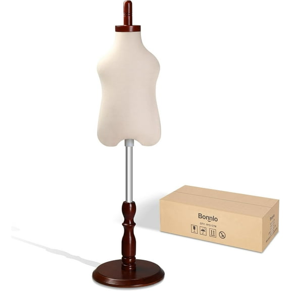 Bonnlo White Kid Dress Form, Toddler Mannequin Torso with Adjustable Wood Stand (0.5-1 Years Old)