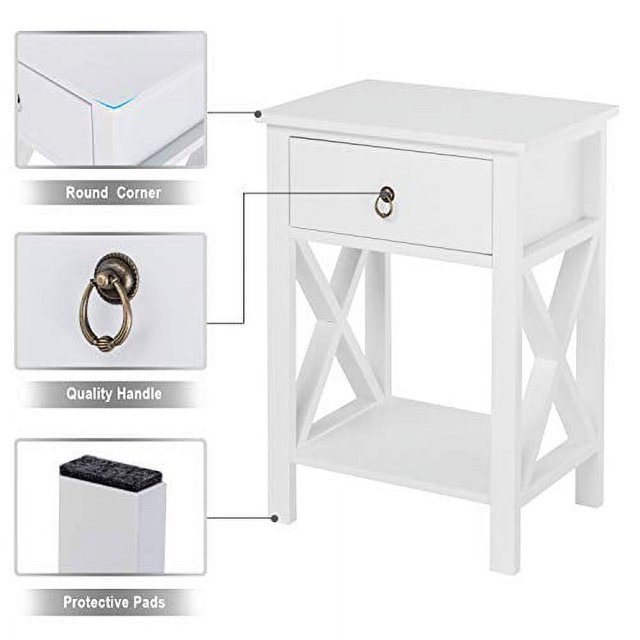 Bonnlo White Nightstands Set of 2, Night Stand Set of 2 with Drawer