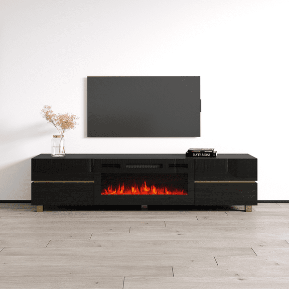 Bono 01 BL-EF Fireplace TV Stand for TVs up to 80", Modern High Gloss 71" Entertainment Center, Electric Fireplace TV Media Console with Storage Cabinets