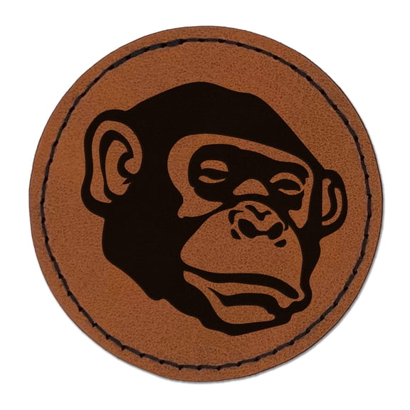 Bonobo Chimpanzee Ape Face 2.5" Faux Leather Round Engraved Iron-On Patch - Brown
