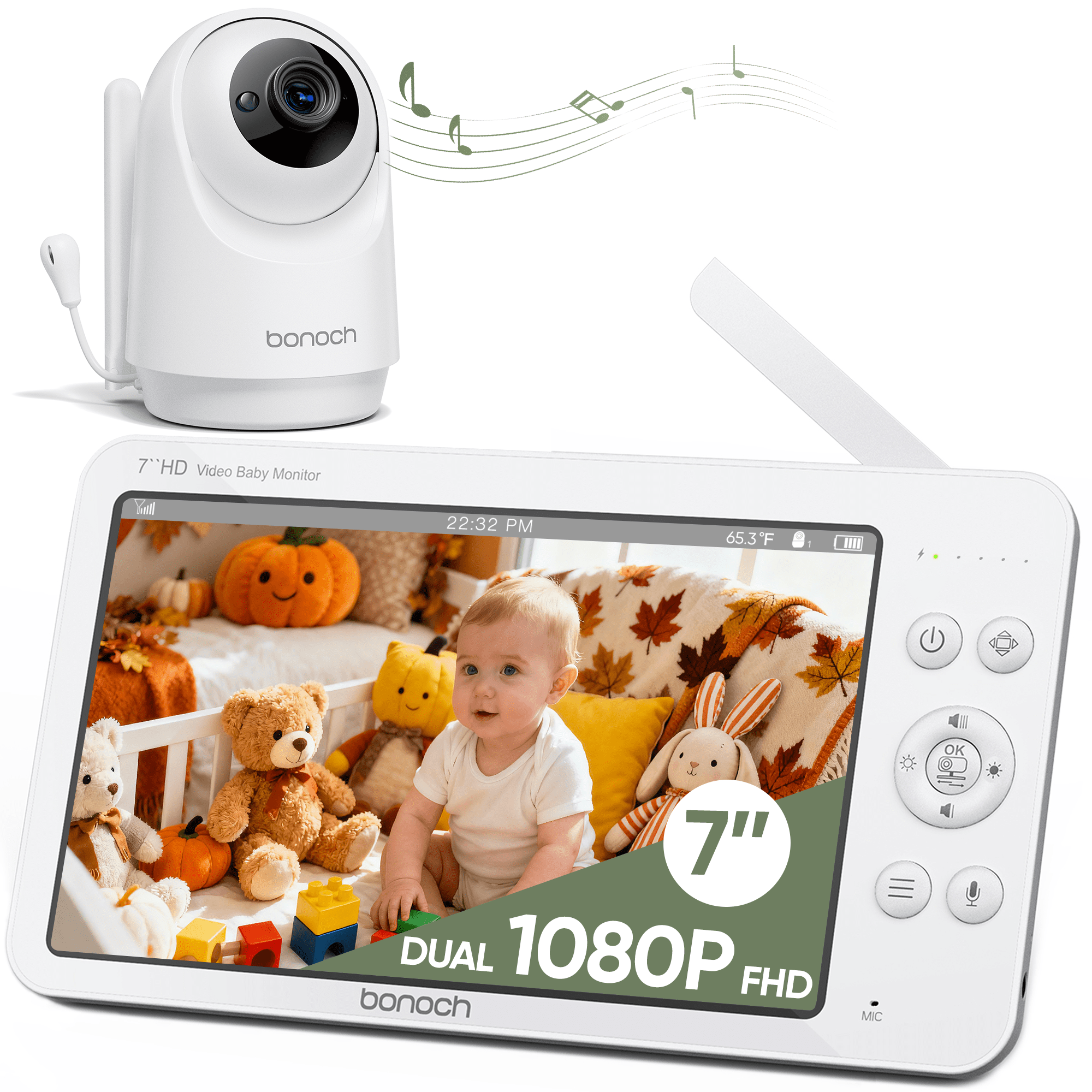 Bonoch 7" 720P HD Baby Monitor with Camera and Audio, Upgraded MegaView, No WiFi, Hack Proof, 6000mAh Battery, Remote PTZ, VOX Mode, Night Vision, White Noise, Ideal Gift for New Parents