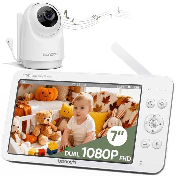 Bonoch 7" 1080P HD Baby Monitor with Camera and Audio, Upgraded MegaView, No WiFi, Hack Proof, 6000mAh Battery, Remote PTZ, VOX Mode, Night Vision, White Noise, Ideal Gift for New Parents