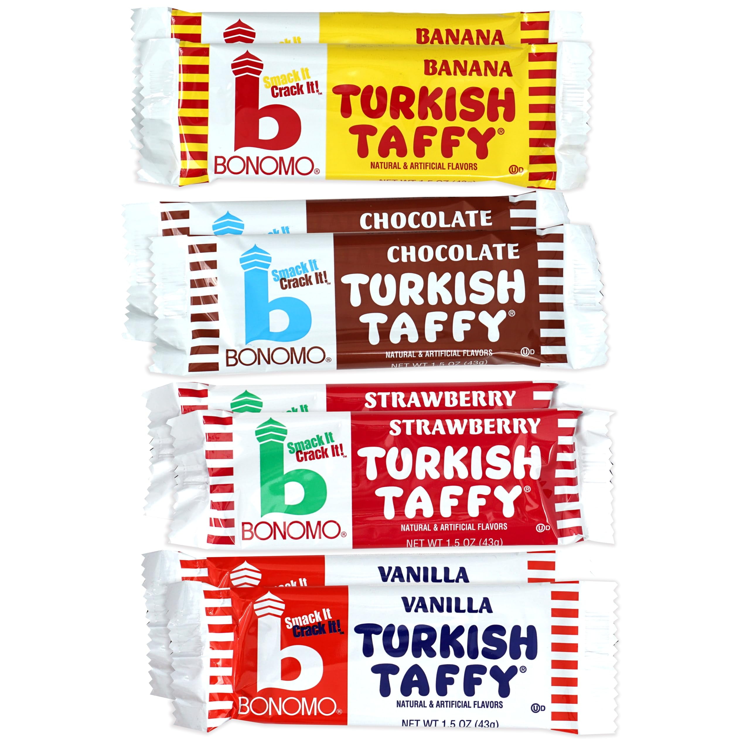 Bonomo Turkish Taffy Variety Bundle, 8 Pack (4 Flavors), Strawberry Taffy, Vanilla Taffy, Chocolate Taffy, Banana Taffy, Individually Wrapped Taffy Candy, The Hampton Candy Company