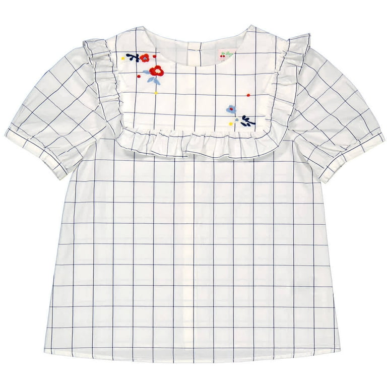 Bonpoint Girls White Lait Embroidered Checked Cotton Blouse, Size  