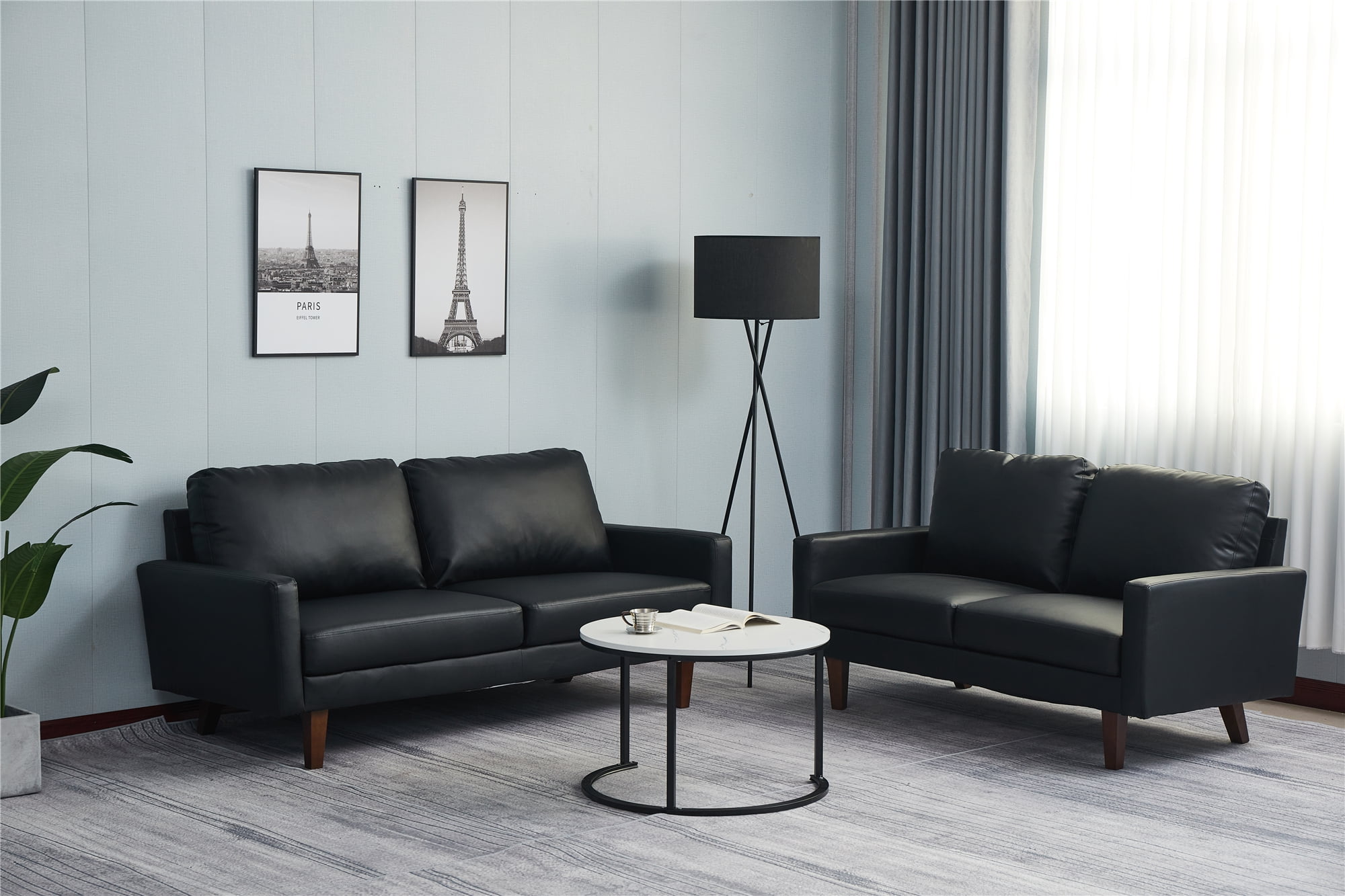 Black Faux Leather 2-Piece Sofa and Loveseat Set with Wooden Legs