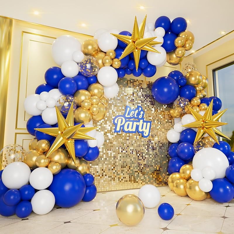 144-Pc Royal Blue & Gold Balloon Garland Kit With Star Balloons – For Graduation, Wedding, Birthday Parties