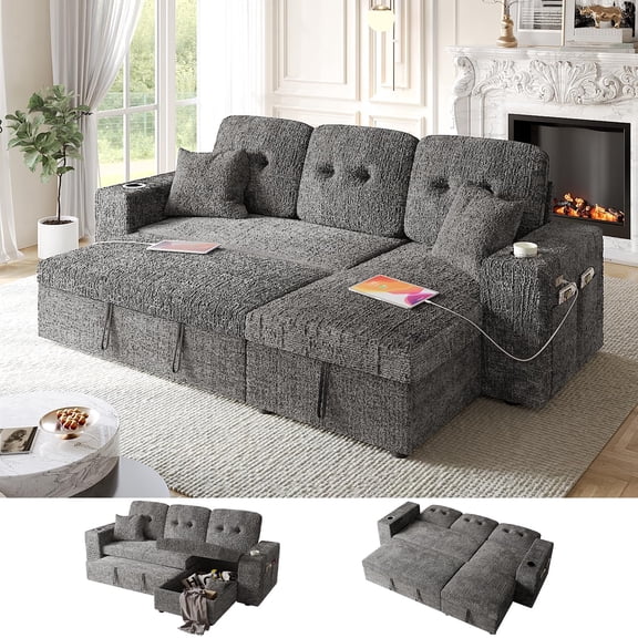 Bonroyo 4 in 1 Sleeper Sofa Bed, 90 Inch Pull Out Couch Bed with Adjustable Backrest | Reversible Storage Chaise | Wide Armrest | Tool Free Assembly, Sectional Couches for Living Room, Grey Chenille