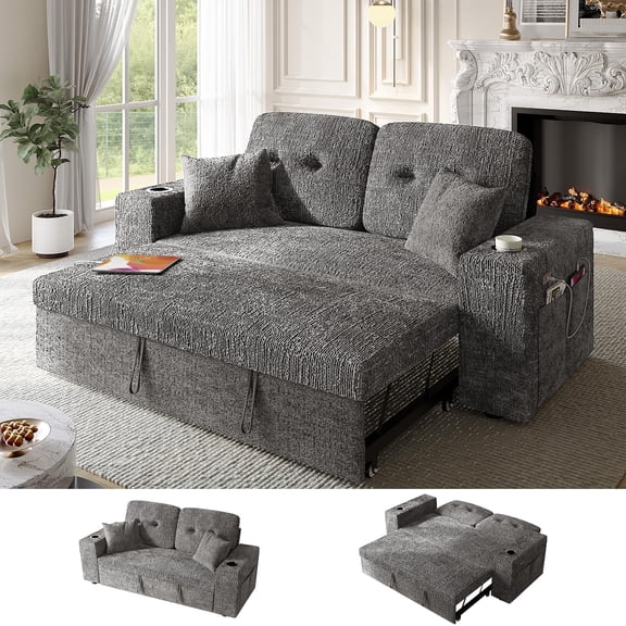 Bonroyo 63 Inch Sleeper Sofa Bed, 4 in 1 Pull Out Couch Bed with Adjustable Backrest, Small Loveseat with Wide Armrest | USB Charging | Side Pockets | Cup Holders | Tool Free Assembly, Grey Chenille