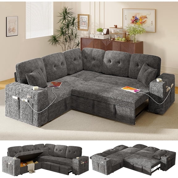 Bonroyo Modular Sectional Sleeper Sofa with Pull Out Bed, L Shaped 5 Seat Sectional Couches for Living Room, 84 Inch Sofa Bed with Adjustable Backrest | Hidden Storage | Wide Armrest | Grey