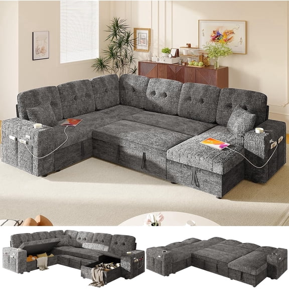 Bonroyo Modular Sectional Sleeper Sofa with Pull Out Bed, U Shaped 7 Seat Sectional Couches for Living Room, 108 Inch Sofa Bed with Adjustable Backrest | Hidden Storage | Wide Armrest | Grey