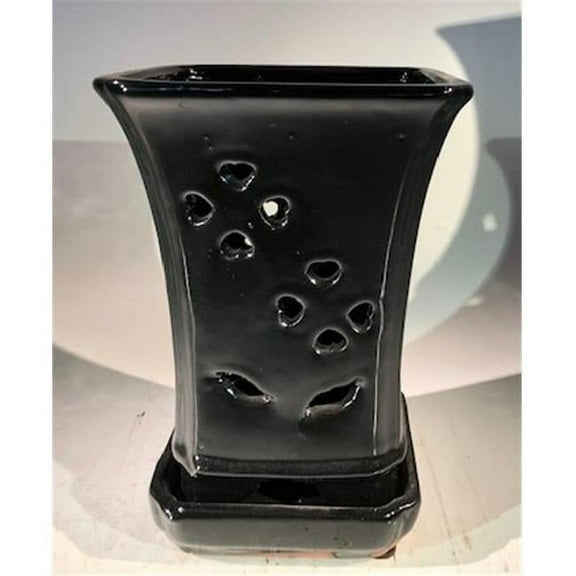 Bonsai Boy 6.5 x 6.5 x 9 Square Black Ceramic Orchid Pot with Attached Humidity Drip Tray