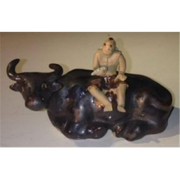 Bonsai Boy e3272 Ceramic Figurine - Man Sitting On Sitting Buffalo, Dark Brown - Large