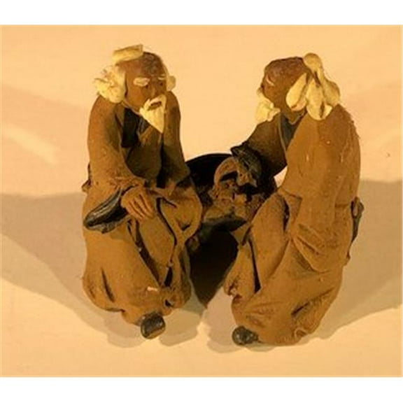 Bonsai Boy e3409 2 in. Miniature Ceramic Figurine - Two Men Sitting On Bench