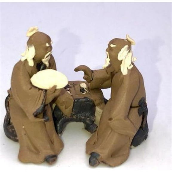 Bonsai Boy of York e3569 Miniature Ceramic Figurine Two Mud Men Sitting On A Bench Playing Chess - 1.5 in.