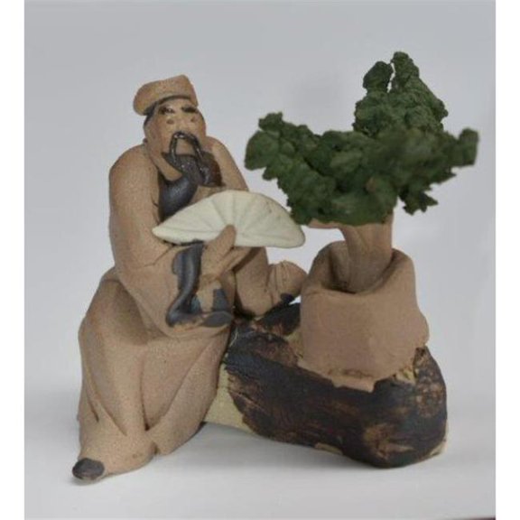 Bonsai Boy of York e3588 Ceramic Figurine Mud Man Sitting with Fan & Bonsai Tree