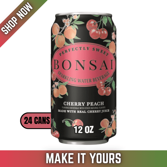 Bonsai Cherry Peach Sweetened Sparkling Water, 12 oz Cans, 24 Pack
