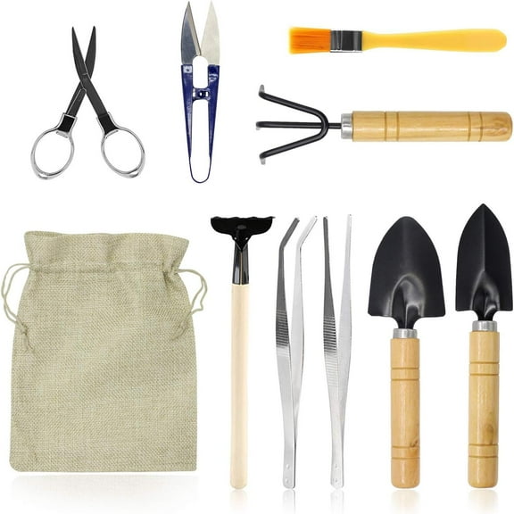 Bonsai Set 10 PCS-Mini Gardening Tools Kit for Indoor Outdoor Bonzai Include Pruner, Fold Scissors, Mini Rake, Tweezers, Cleaning Brush